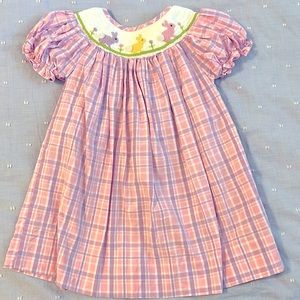 Pink and purple plaid smocked bunny dress. 12-24 months